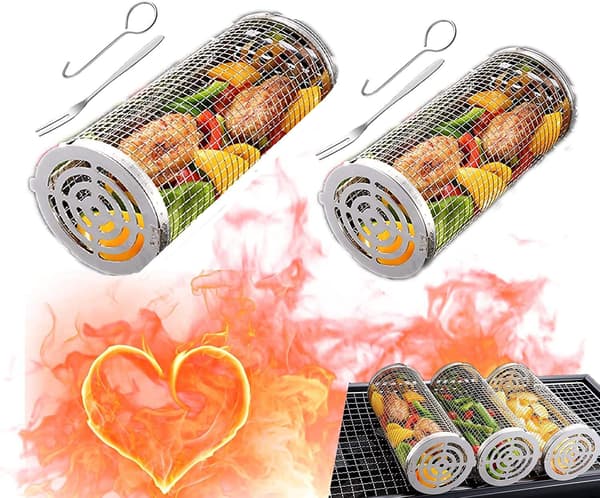 2-pack grillkorg i rostfritt stål, 2 krokar och 2 gafflar. Rullgrill-XF19-