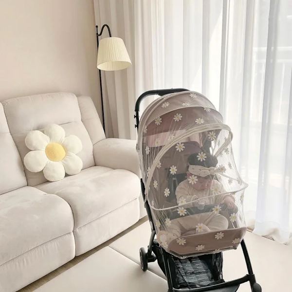 Myggnät för barnvagn, full täckning för baby, prästkragebroderi