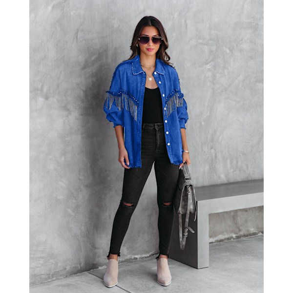 Avslappet denimjakke med frynser for kvinner, mørk blå, mørk blå-X43- Dark Blue M