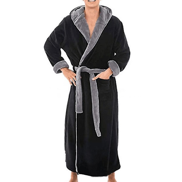 Herr Vinter Varm Huva Kappa Badrock Handduk Lång Morgonrock Svart Grå Black Grey 4XL