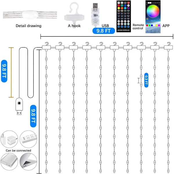 RGB LED-verhovalot, Fairy String Lights, älypuhelinsovelluksella ohjattava, joulu- ja hääkoristeluun sisä- ja ulkokäyttöön RGB Curtain Lights