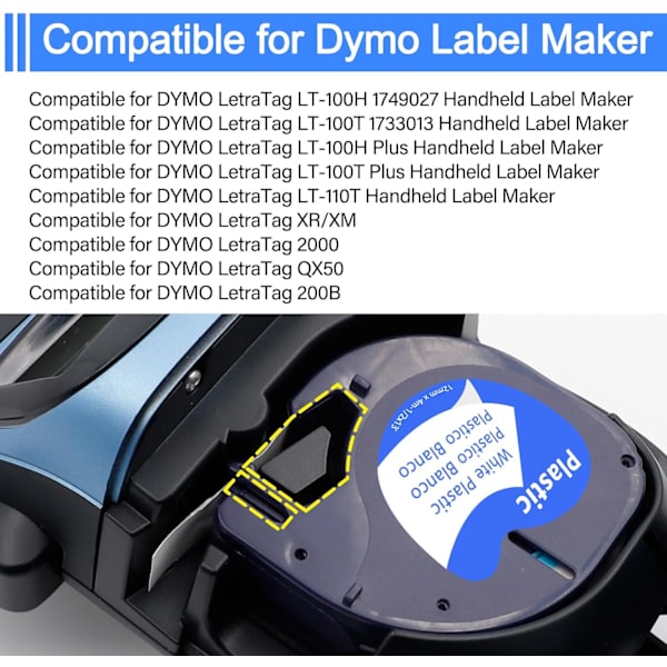3-pack kompatibla för Dymo Label Maker Refills 91331 S0721660 Vit plast etikettband 12mm x 4m (1/2\" x 13') för Dymo L