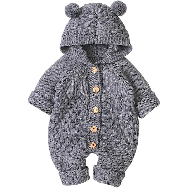 Nyfødt Baby Ørehette Strikket Romper Jumpsuit Varmer Snødrakt for Gutter Jenter Grå 73cm Grey 73 cm