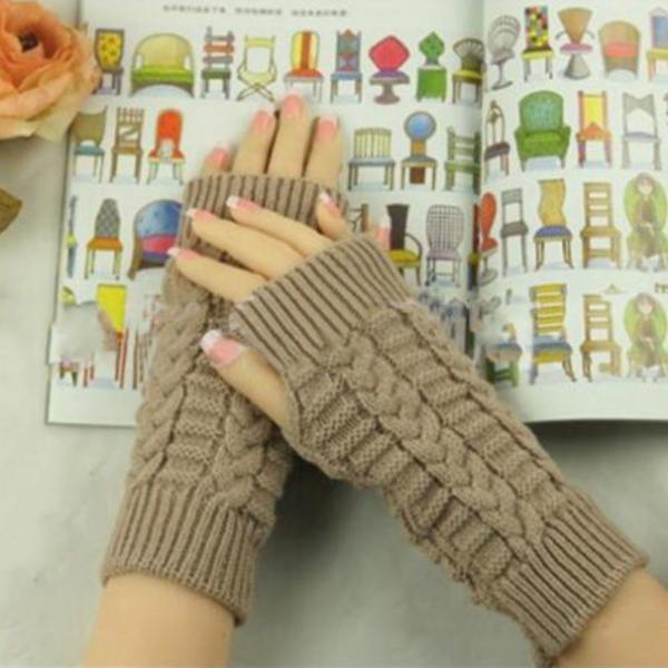 Neutrala halvfingerhandskar vinter stickade fingerlösa handskar Khaki