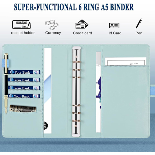 Læder A5 Ringbind Planner Notebook Planner med magnetlås (indre papir er ikke inkluderet) - Blå Blue