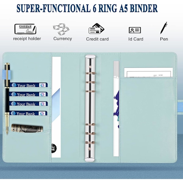 Läder A5 Ringpärm Planner Notebook Planner med magnetlås (inre papper ingår ej) - Blå Blue