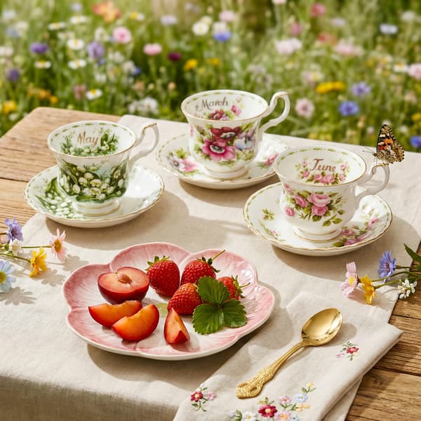 Elegant blommig tekopp och fat i keramik för afternoon tea och presenter May