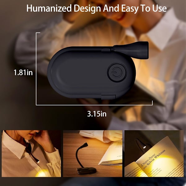 Boklampe, oppladbar klemme-leselampe, justerbar lysstyrke