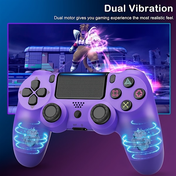 Trådløs PS4-kontroller for Playstation 4/PC/Steam//IOS/Android med doble motorer, presis styrespak, stort innebygd batteri, 3,5 mm stereo (lilla) Purple