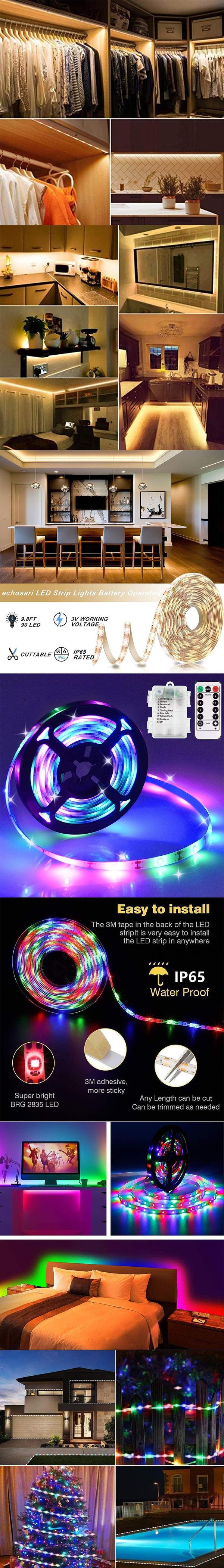 3m Batteridrevne LED-striper med fjernkontroll, 90 LED-lys, vanntett, 8 moduser, dimbar, timer, selvklebende, klippbar (varmhvit)-FY-