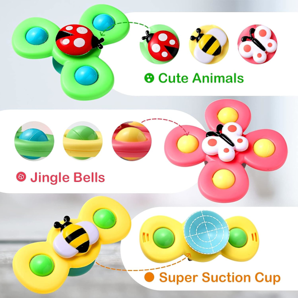 3 stk Baby Bad Spinner Legetøj med Roterende Suttekopper Snurrende Top Legetøj Dyr Snurre Suttekopper Baby Bad Legetøj Spisebords Legetøj Vindmølle