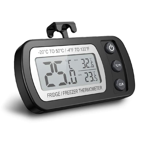 Digital Refrigerator Thermometer, Waterproof Freezer Thermometer with Hanger, Easy-to-Read LCD Screen, Max/Min Recording Function (Black)-FA-