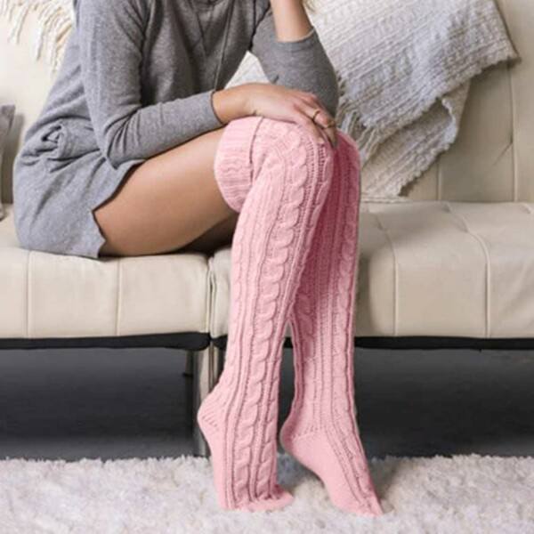 Varme Strikket Knæstrømper Høje Strømper Thigh High Rosa pink