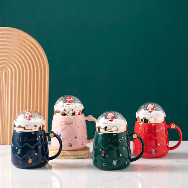 Julekrus Santa Claus Figurer Keramisk Kop med Snebold Landskab Låg Kreativ Julegave Kontor Hjem Mælk Kaffe Kop