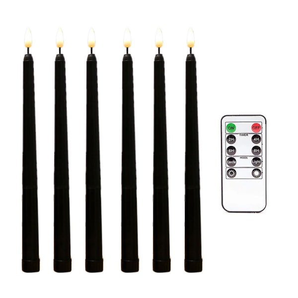 6 stk. Flammeløse sorte koniske lys med flimrende 10-knappers fjernkontrolltimer, batteridrevet LED-lys black