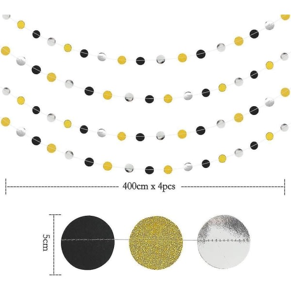 Guld Baksida Circle Dots Garland Streamers Festdekorationer Glitter Svart