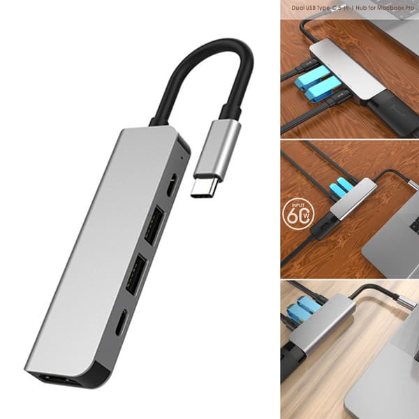 USB-C Hub-adapter til HDMI-kompatibel 4K30HZ Dobbelt-USB TypeC-splitter Understøttelse af PD60W Dockingstation til Laptop Telefon PC-FA-
