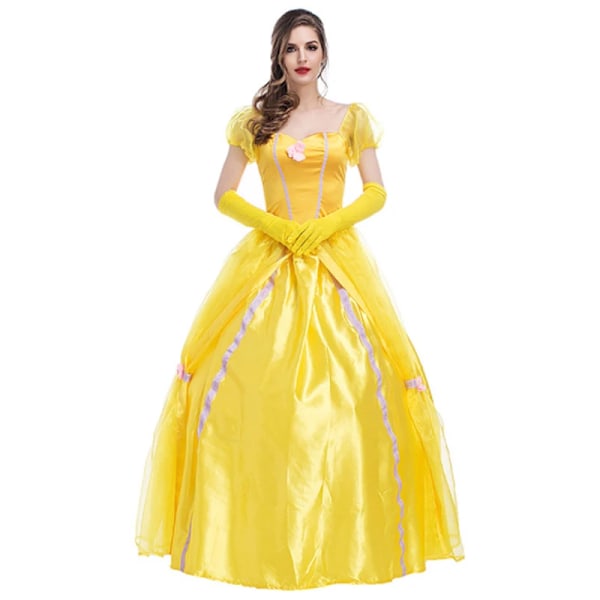 Halloween Skönhet och Odjuret Gul Prinsessklänning Prins Par Kostym Vuxen Belle Kostymer Scen Show Cosplay Fancy Party Dres L