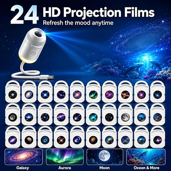 Galaxy Projector Night Light, 2-in-1 Holographic Star Projector 5D Plug and Play HD Smart Dynamic Ceiling Projector Lamp-FA- With 6 films