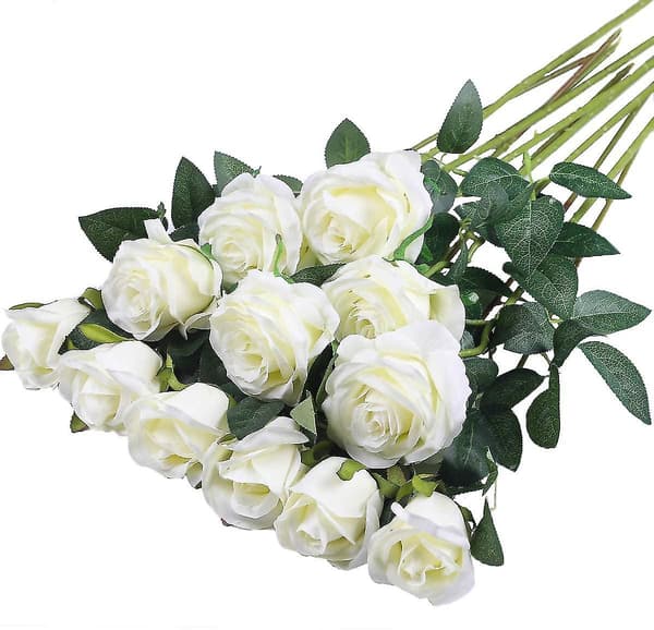 12 stk. kunstige silkeblomster realistiske roser buket lang stilk-FA-