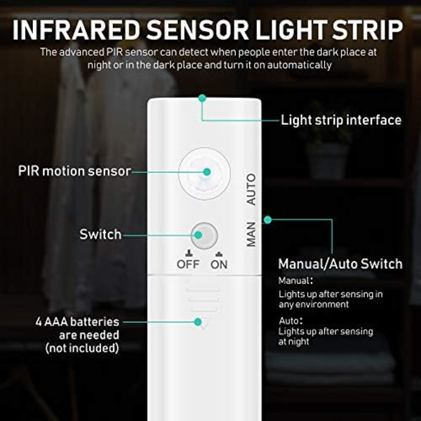 LED-bånd med bevægelsessensor, 1M/2M/3M LED-bånd garderobebelysning, batteridrevet natlampe, 3500K varm hvid bånd til børneværelse, soveværelse, køkken