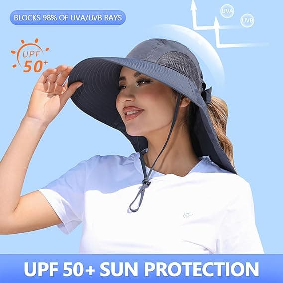 Dame solhatt UV-beskyttelse bred brem fiskehatt med hestehalehull nakkebeskyttelse-FA- Dark Grey