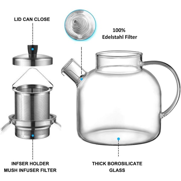Tekanna av glas, 900 ml spishäll säker tekanna med borosilikat