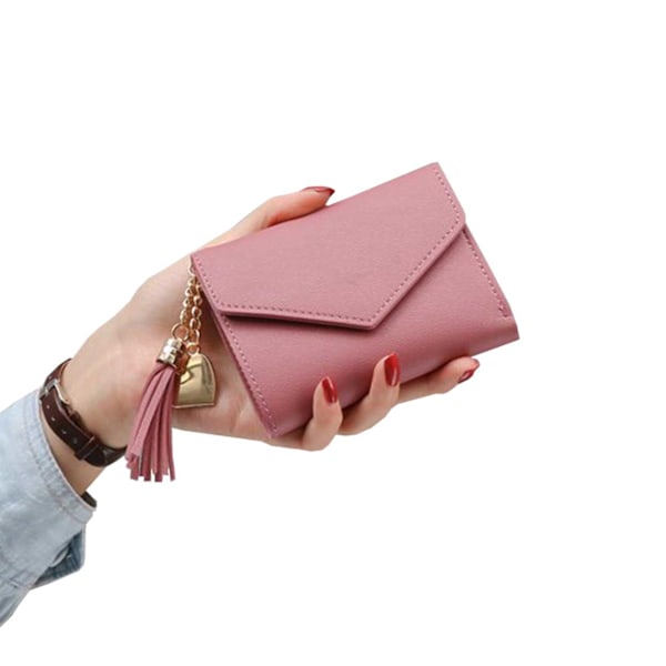Pieni vaaleanpunainen lompakko naisille, nahkaa, ketju ja tupsu, kullanvärinen pink