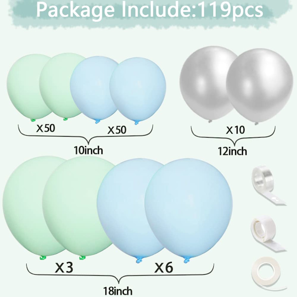 Blå Mint Grön Silver Metallic Ballong Båge Kit Pastell