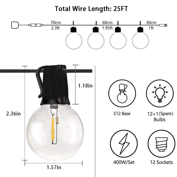 LED-ljusslinga för inomhus- och utomhusbruk med 12 glödlampor