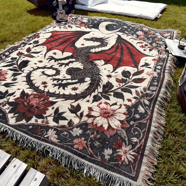 Udendørs tæppe bærbart fortykket picnictæppe campingovertræk 160x130cm polyester jacquard 160x130cm Red Dragon