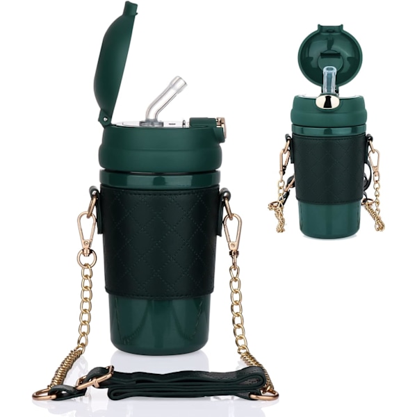 Isoleret vandflaske med sugerør, termokande i rustfrit stål med ærme og bærrem, rejsekrus til børn, kvinder og mænd - 16oz/480ml (grøn)