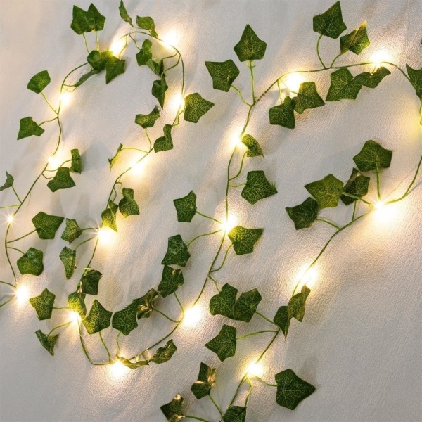 Ljusslinga med löv, 2 m murgröna ljusslinga, 20 LED-lampor, vårväxtväggdekoration, bröllopsfest, trädgårdsfestival