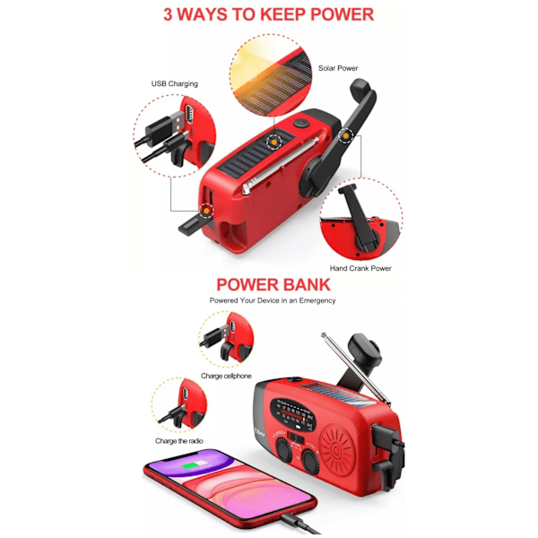 Vevradio / Nödradio med Solceller, Ficklampa, 2000mAh Powerbank röd red