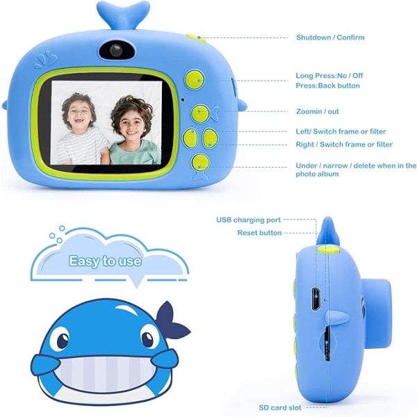 Digitalkamera för barn, 2,0-tumsskärm 1080P HD-barnkamera, USB laddning Digitalvideokamera Leksaker Presenter för 3-9 år gamla pojkar och flickor, blå