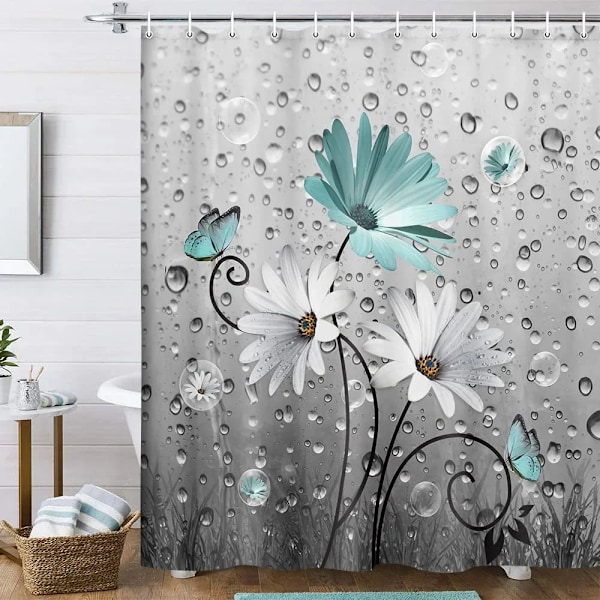 Blommeduschforhæng Akvarel Lille Badeværelse i Frisk Stil Vandafvisende Polyester Gardinvægdekoration med Kroge R831 150X180cm R831