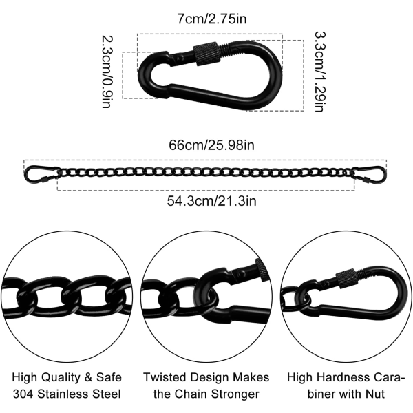 Kæde med to karabinhager, 66 cm forlængerkæde til hængestole til 250 kg, svingkæde til hængekøje, sandsæk kæde til indendørs, udendørs