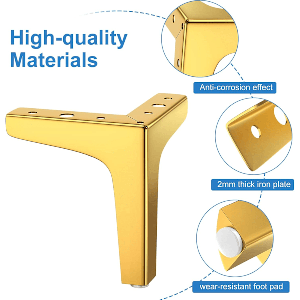 Set med 4 Möbelben, Belastning upp till 800 kg, 10 cm Moderna Metallbordben i Triangelform, Hårfäste Möbelben för Skåp, Soffa, Guld