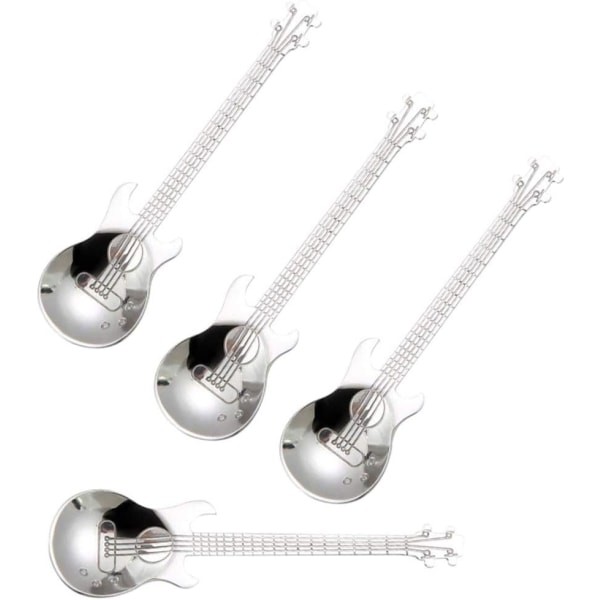 Gitar kaffeskje, sett med 4 teskjeer sukkerskjeer (sølv)