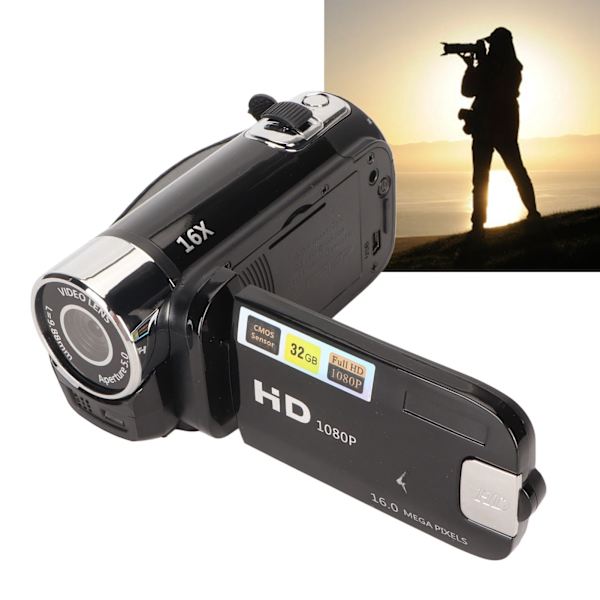 Digitaalinen kamera 1080P 16MP HD 16X Zoom Anti Shake Kädessä pidettävä Sisäänrakennettu mikrofoni Videokamera LED-täyttövalolla Black