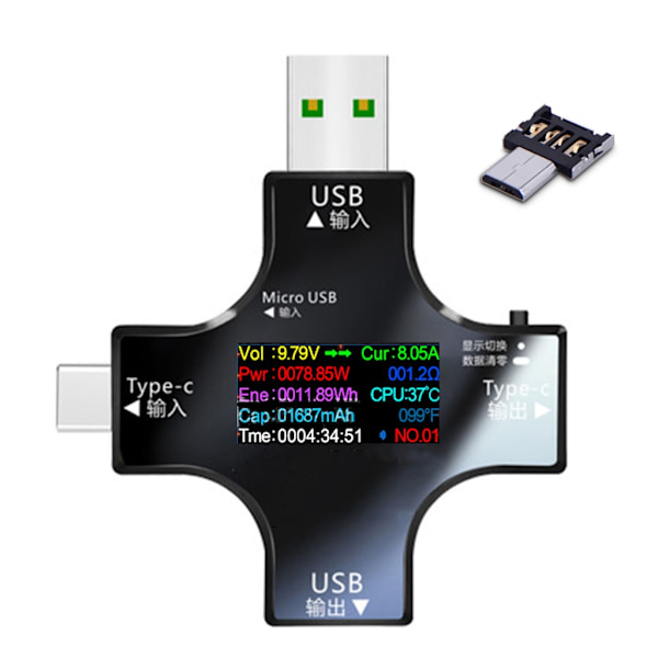 2 i 1 Type-C USB-testare Färgskärm Digital Multimeter, USB-C Spänningsström Voltmeter Amperemeterdetektorer