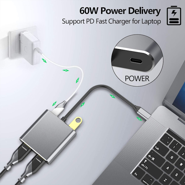 USB-C til HDMI Adapter, 2xUSB3.0/USB 3.1 med PD, grå