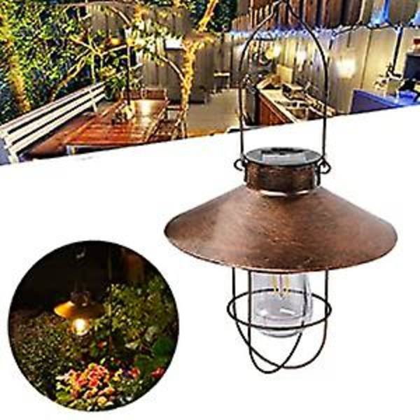 Vintage metallinen ulkoilmaan ripustettava aurinkolyhty lämpimillä LED-valoilla pihalle, terassille, puutarhaan, aurinkomaisemavalaistus, vintage kupari