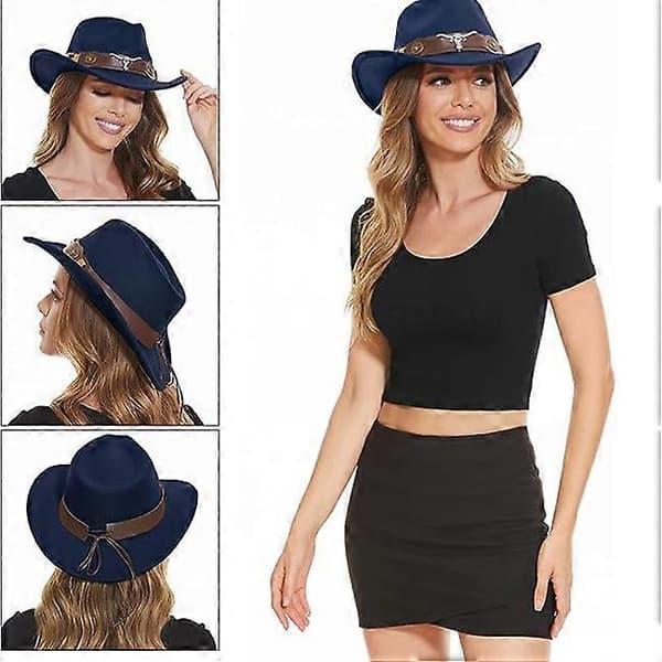 Klassisk cowboyhat til mænd, bredskygget cowboyhat til kvinder, western cowboy-stil hat-FA- Navy blue