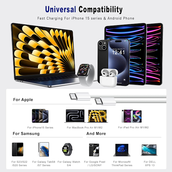 2-pakkaus 3FT USB C - USB C -kaapeli - sertifioitu pikalatauskaapeli iPhone 15 Pro Maxille, Samsung S23:lle, iPad Prolle, MacBook Airille 3pcs