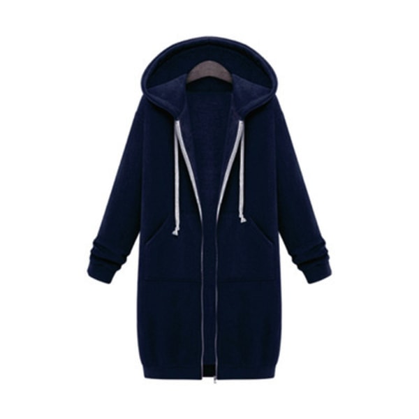 Damjakke med glidelås foran i fleece, lang hettegenser i plusstørrelse Navy Blue Navy Blue M