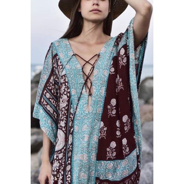 Trykt Sexy Deep V Robe Beach Cover Up