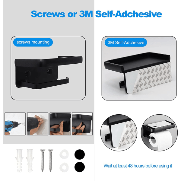 Toiletpapirholder med hylde, sort toiletpapirholder