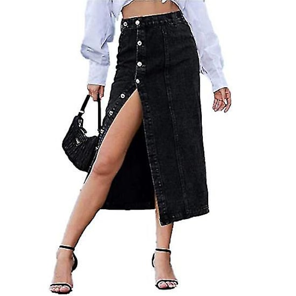 Kvinners Casual Høy Midje Solid Knapp-Opp Denim Jeanskjørtet Svart M Black