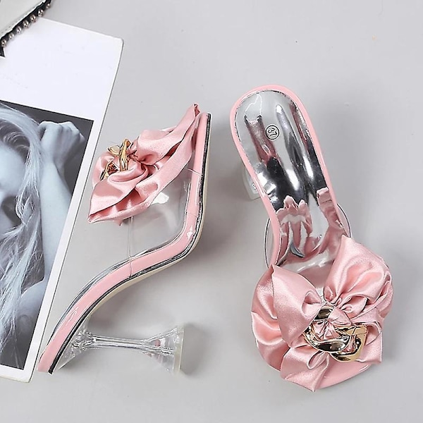 Transparenta Damtofflor Sommarstil Rosa Rosett Designer Sandaler Transparenta Klackar Rosa Pink 38